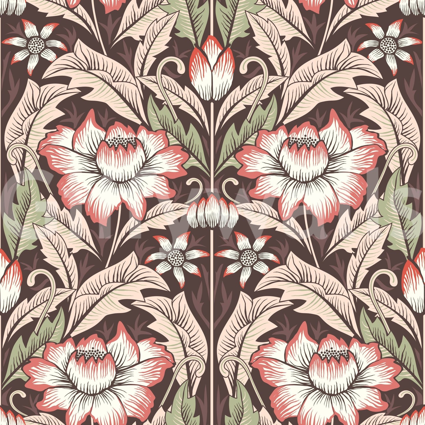 Corner of a library featuring the dramatic Rustic Red Wallpaper print art.