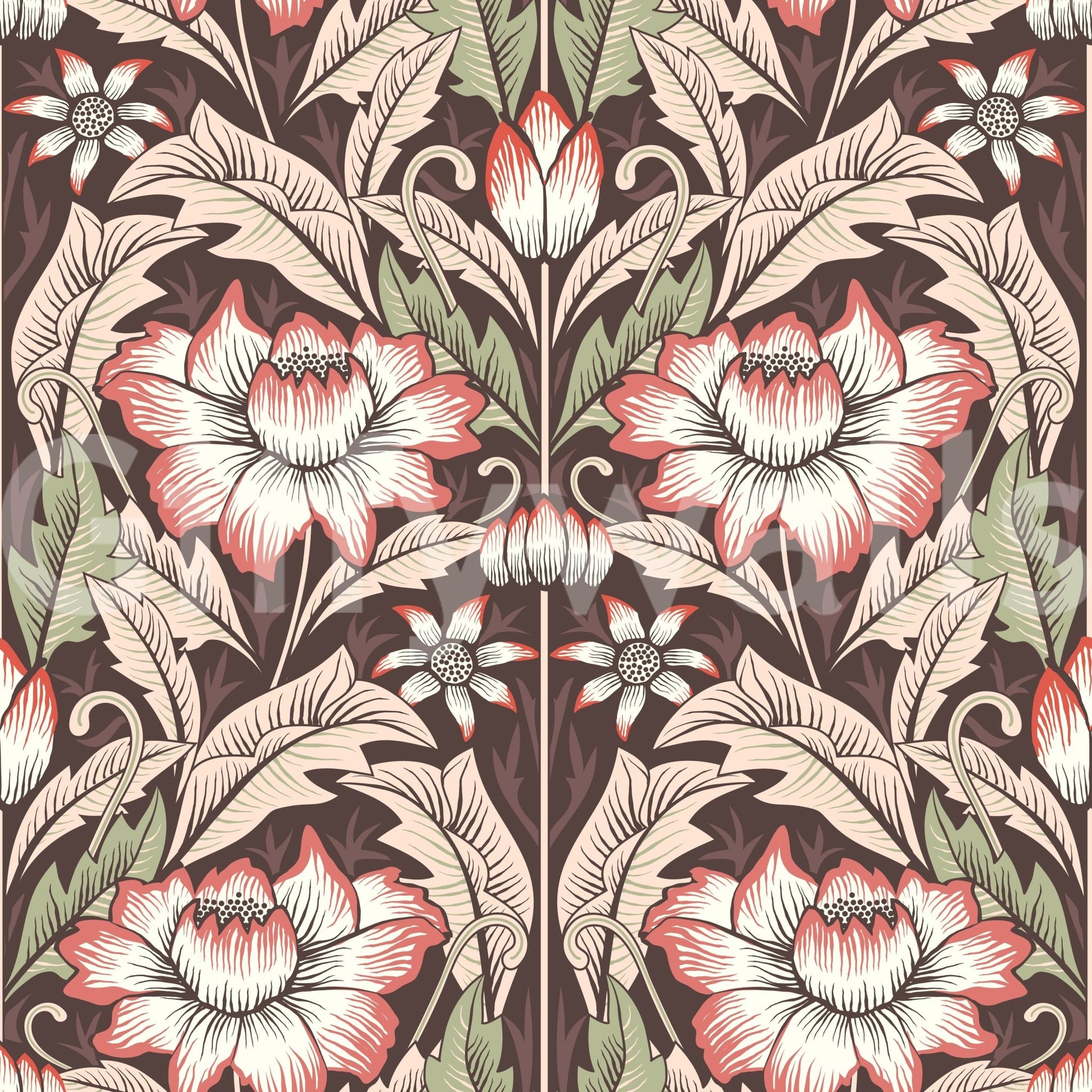 Corner of a library featuring the dramatic Rustic Red Wallpaper print art.