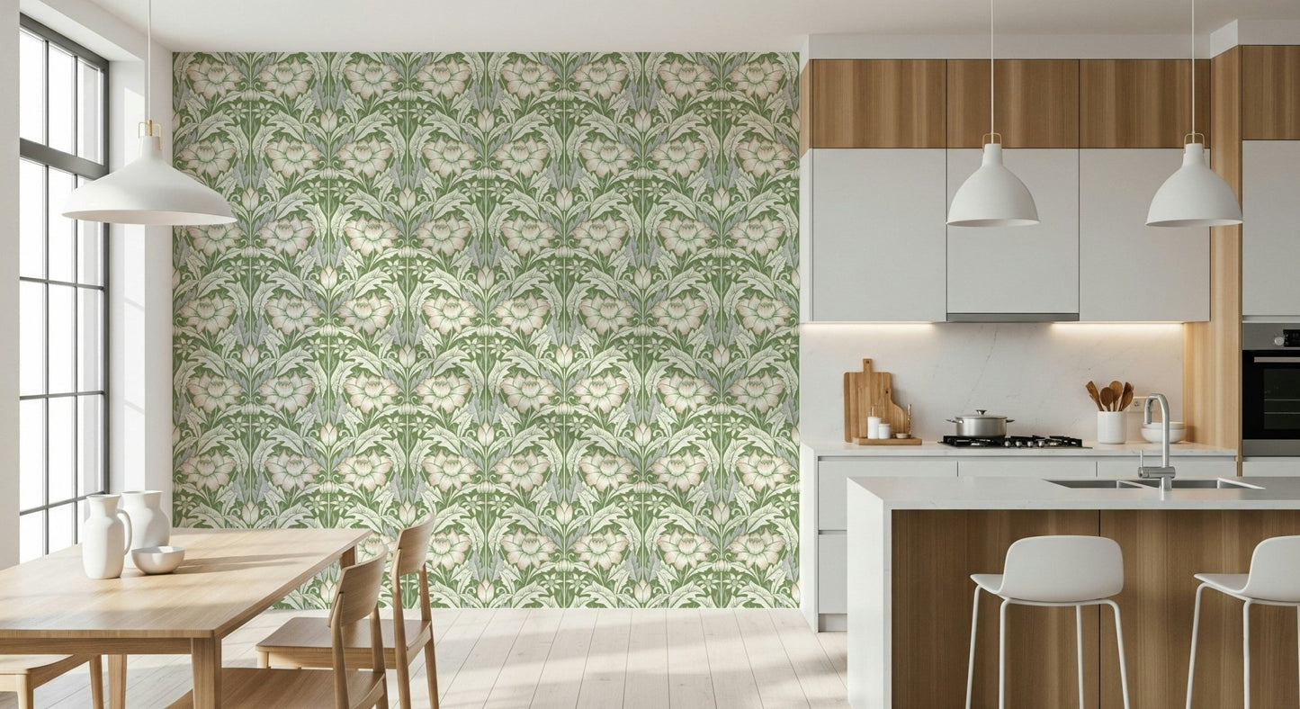 Sage green and cream leaves of the  Sage Green Wallpaper surface.