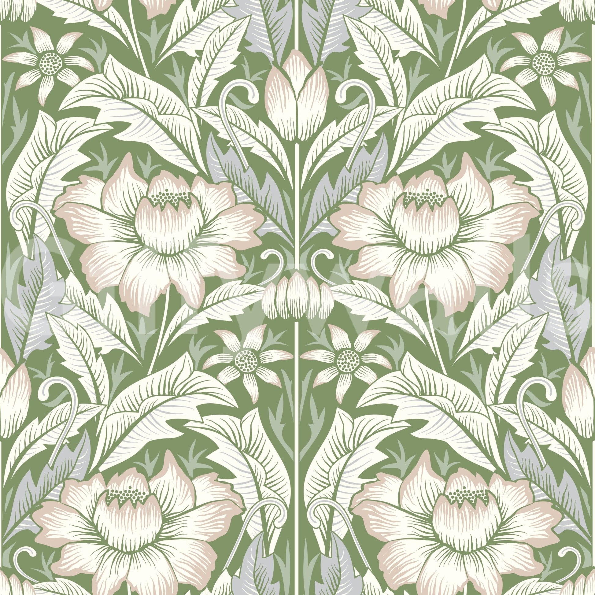 Corner of a bright nursery featuring the charming Sage Green Wallpaper.