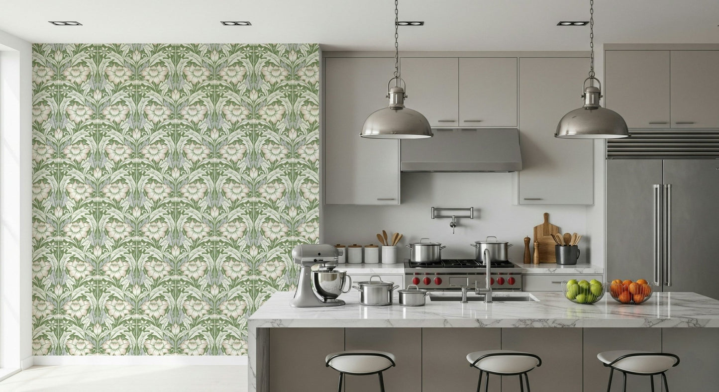 Bedroom feature accent wall showcasing the floral  Sage Green Wallpaper.