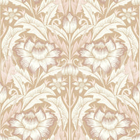 Warm beige and cream jungle peel and stick wallpaper in a stylish guestroom.

