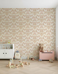 Home office featuring serene sand beige wallpaper mural and rattan chair.

