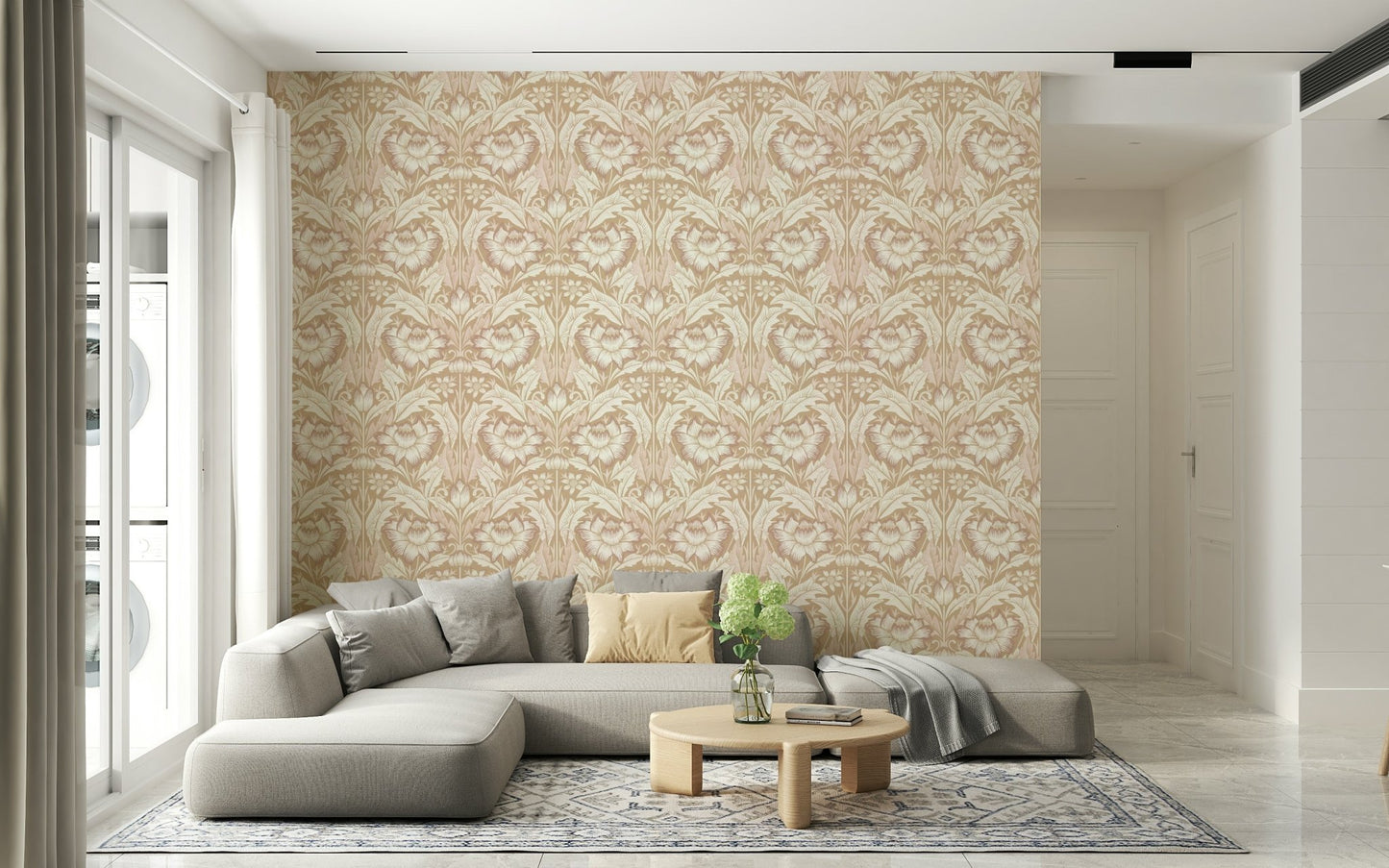 Vintage-inspired beige wallpaper for walls with ornate tropical leaves.

