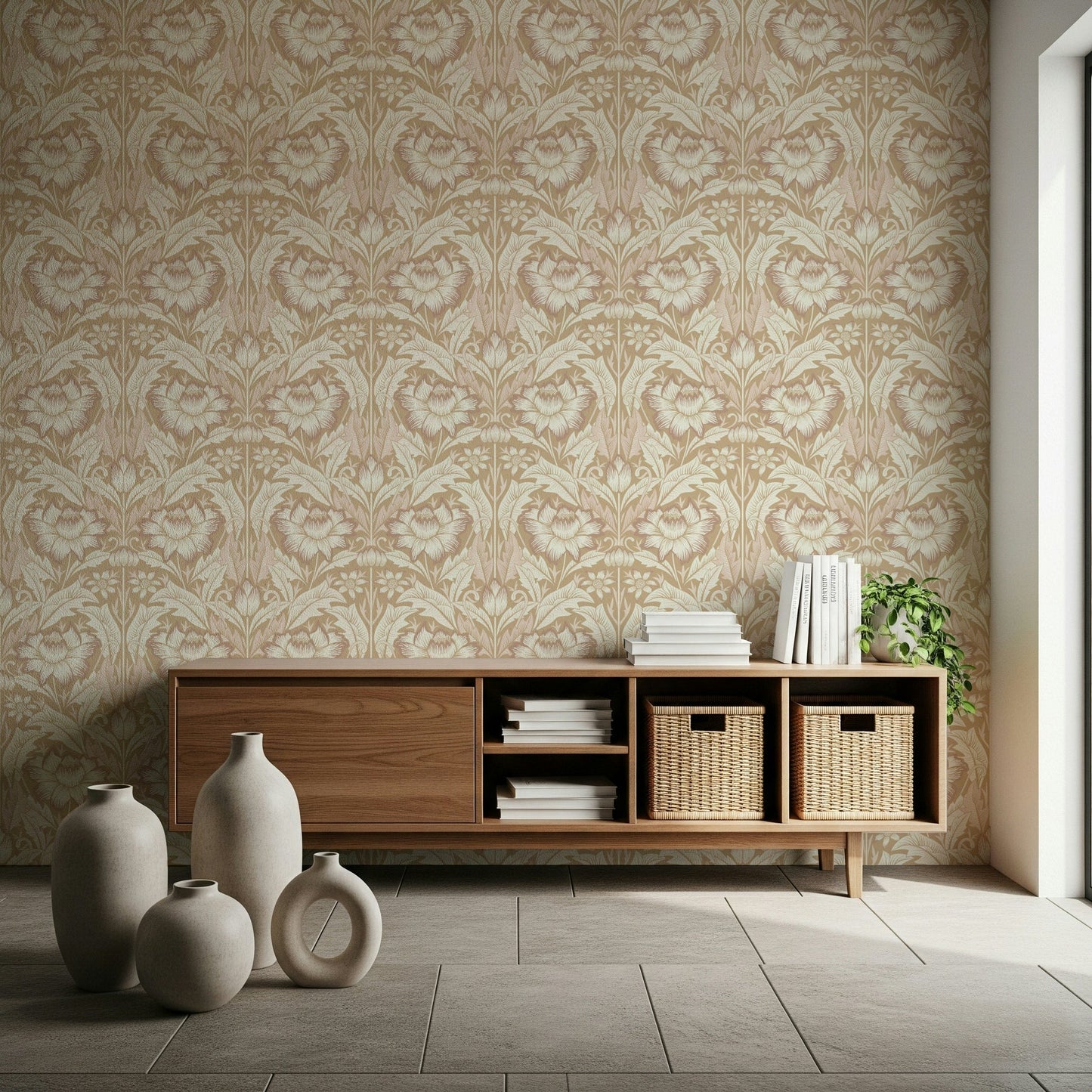 Beige tropical wallpaper mural accenting a cozy reading nook.

