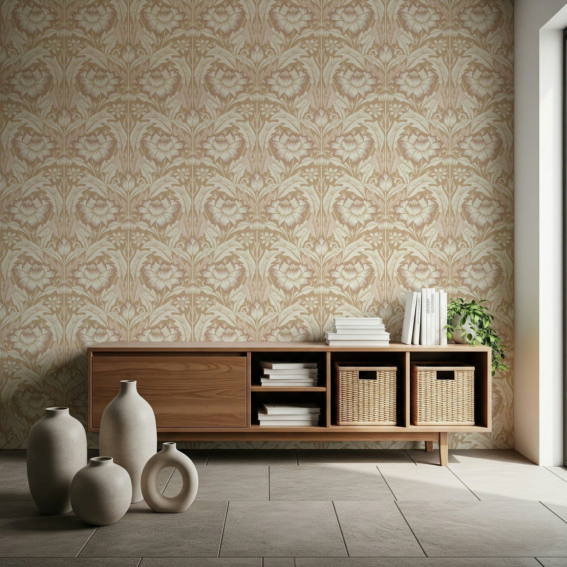 Beige tropical wallpaper mural accenting a cozy reading nook.

