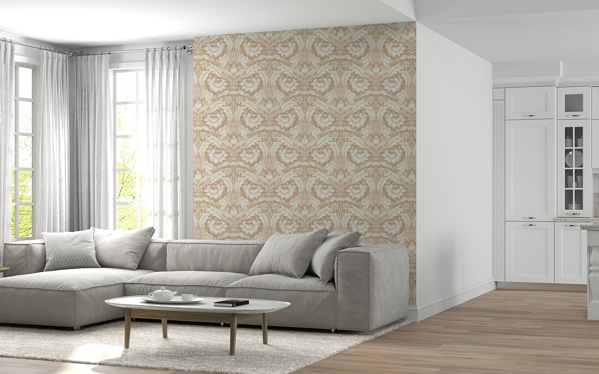Sand Beige palm leaf peel and stick wallpaper in a modern hallway., GD6396