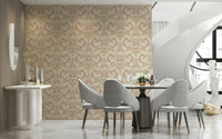 Artistic detail of layered fern patterns on rustic tropical wallpaper.

