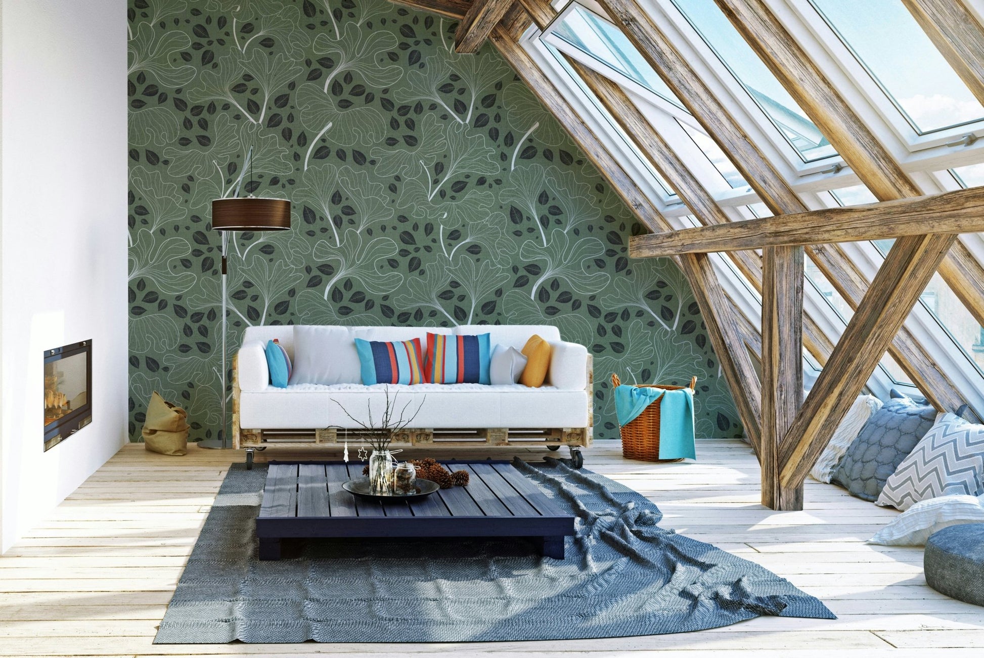 Ginkgo leaf wallpaper for a serene living room.


