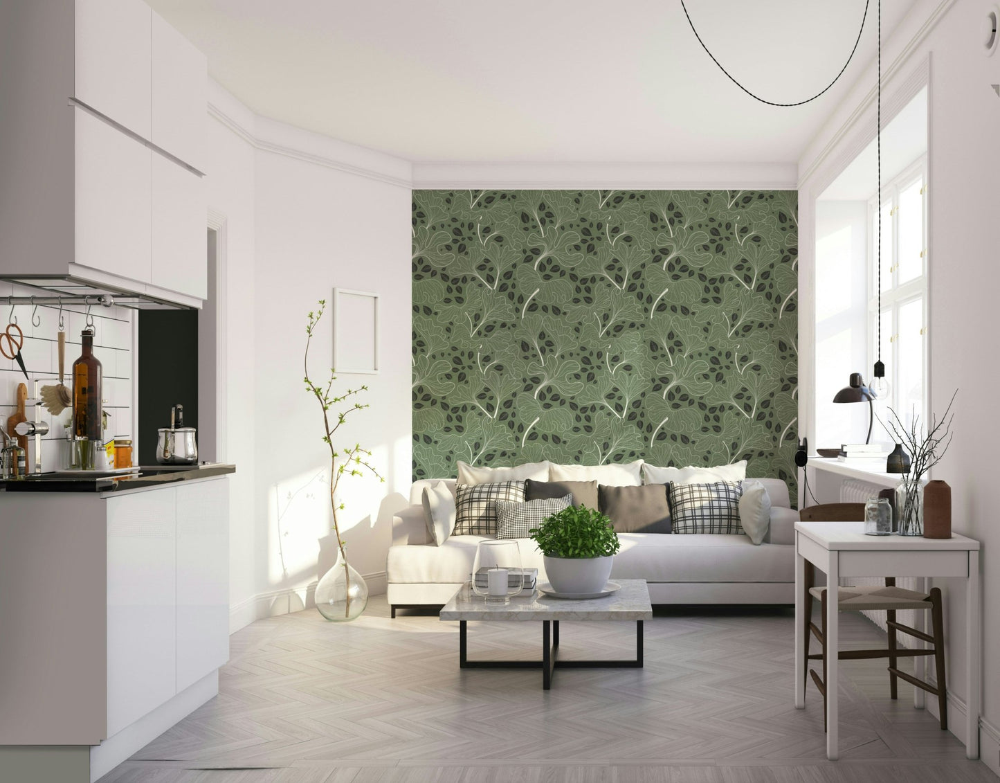 Full view of the wallpaper on a wall.

