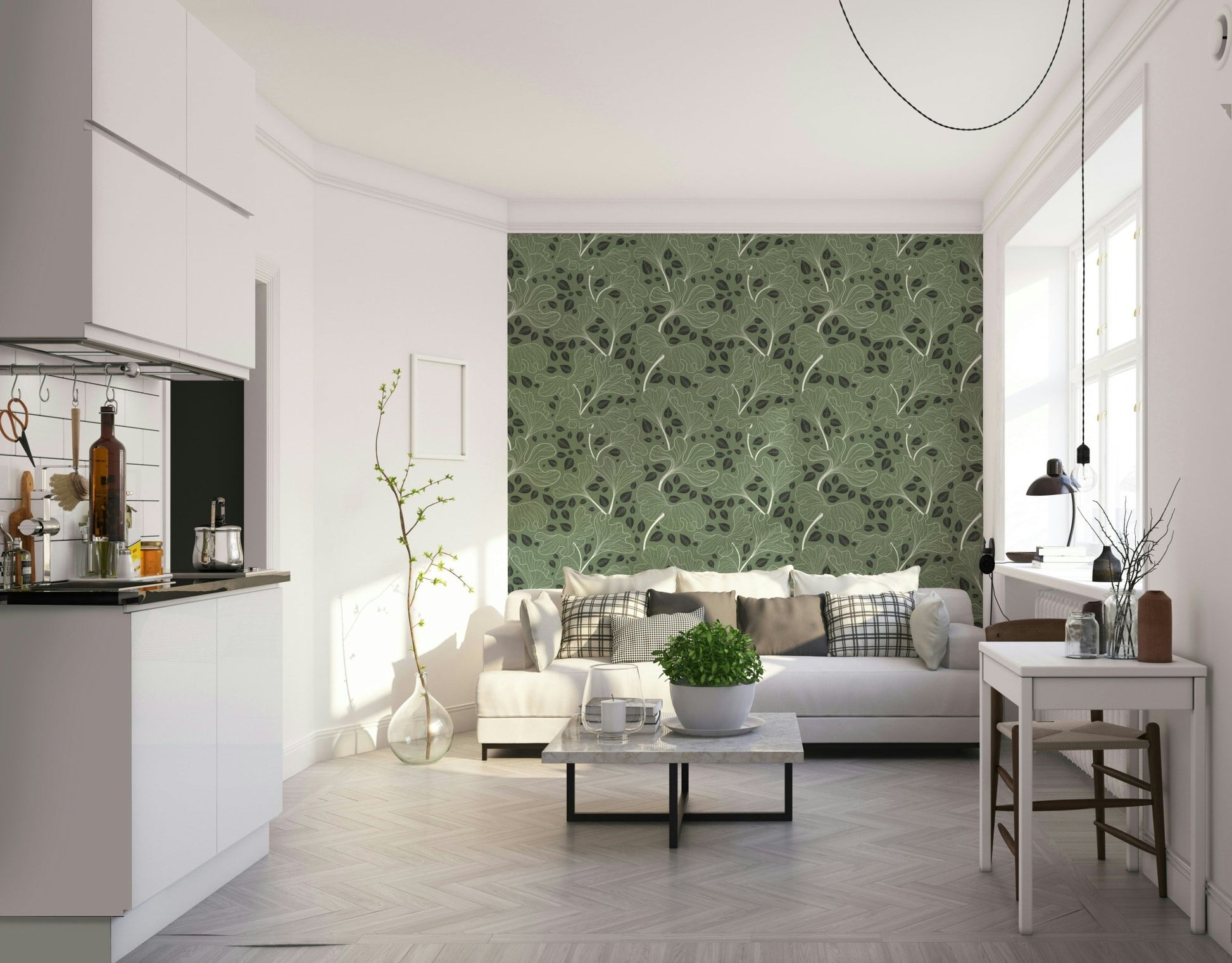 Full view of the wallpaper on a wall.

