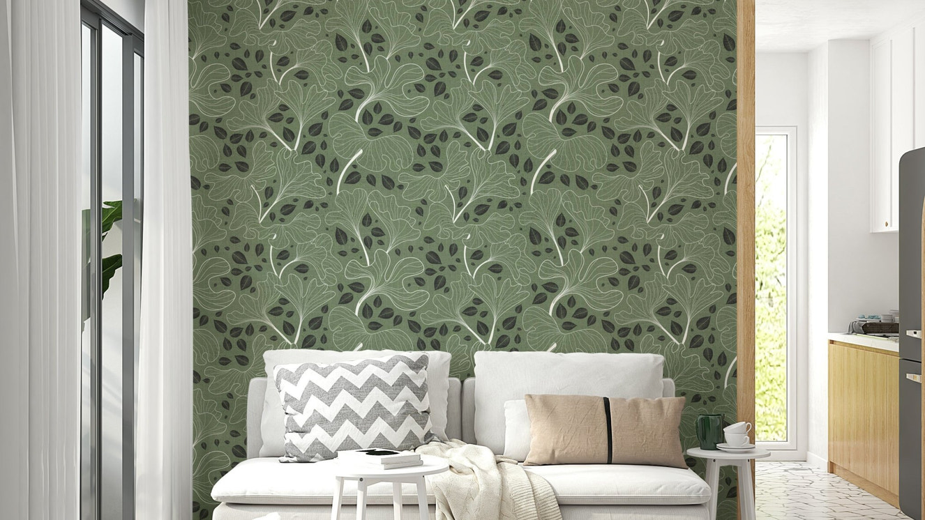 Timeless Ginkgo Garden Green and White Wallpaper.

