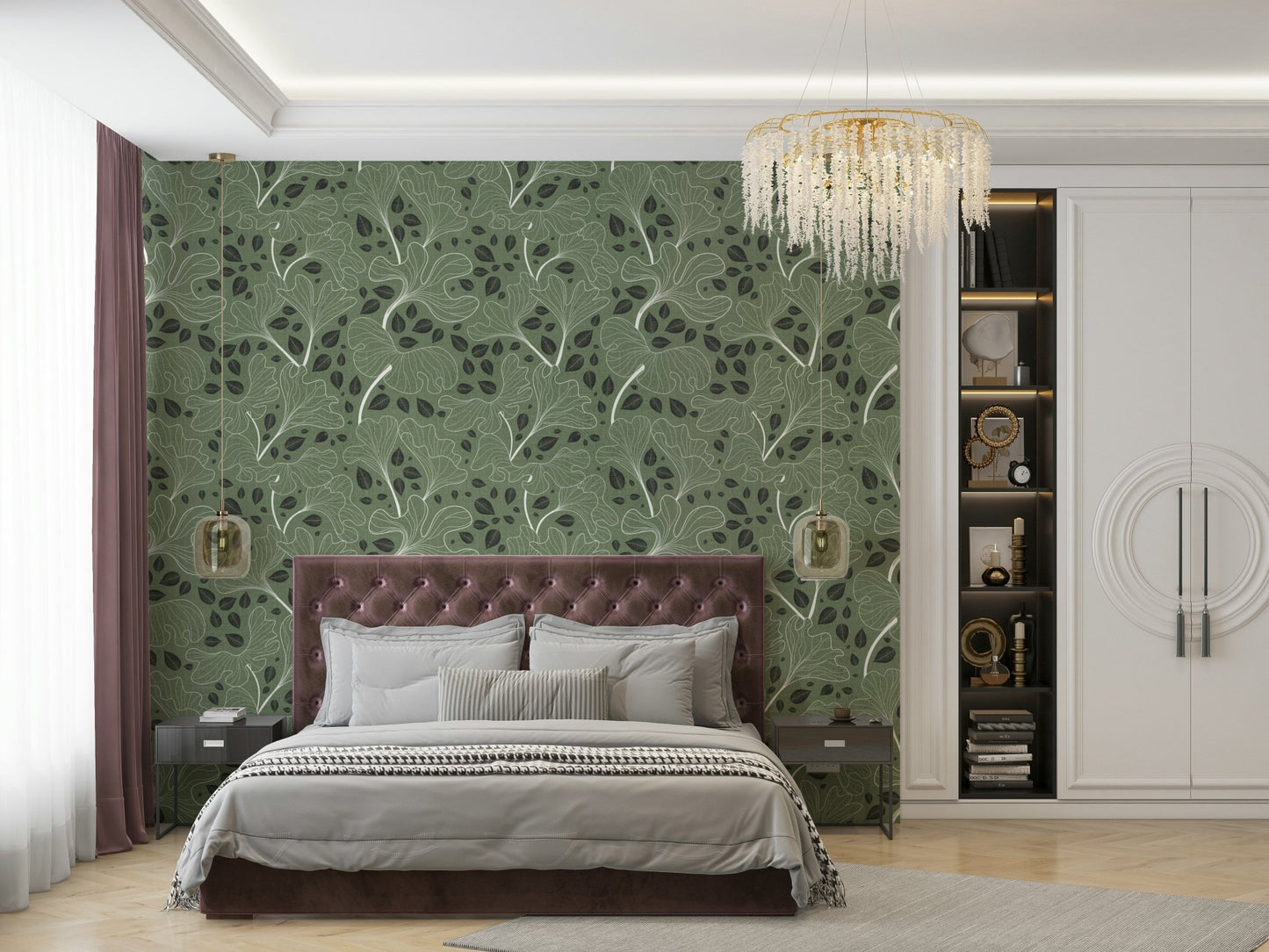 Seamless pattern of stylized ginkgo leaves.

