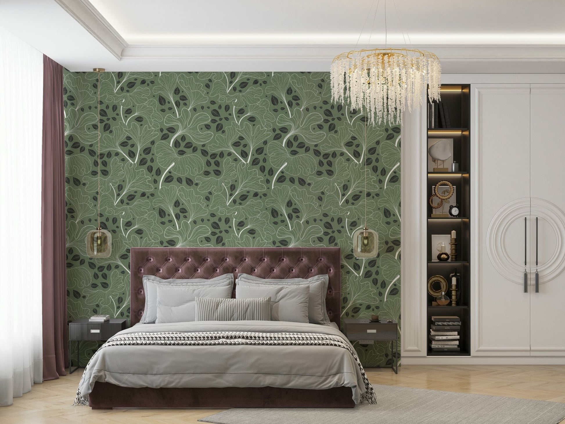 Seamless pattern of stylized ginkgo leaves.

