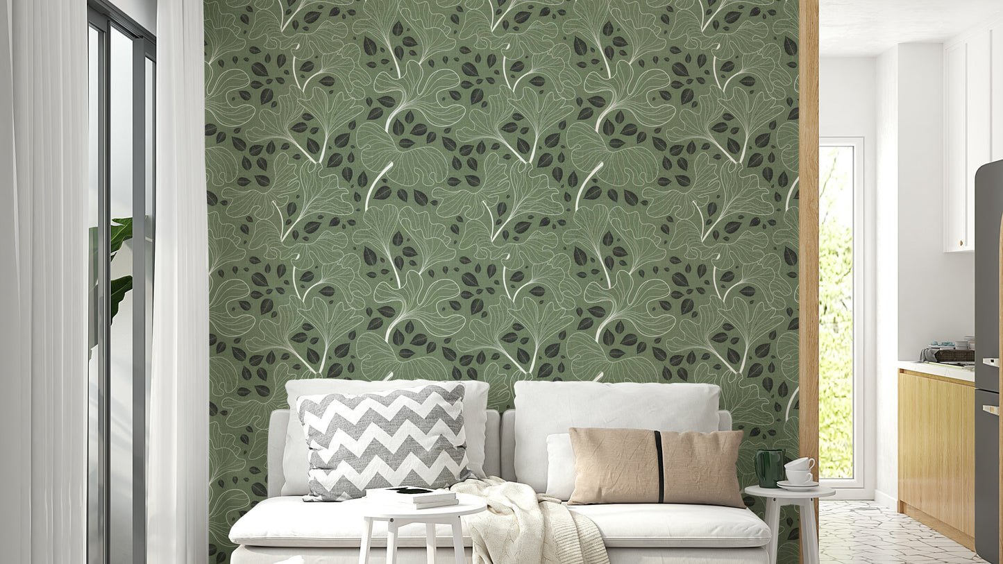 Timeless Ginkgo Garden Green and White Wallpaper.

