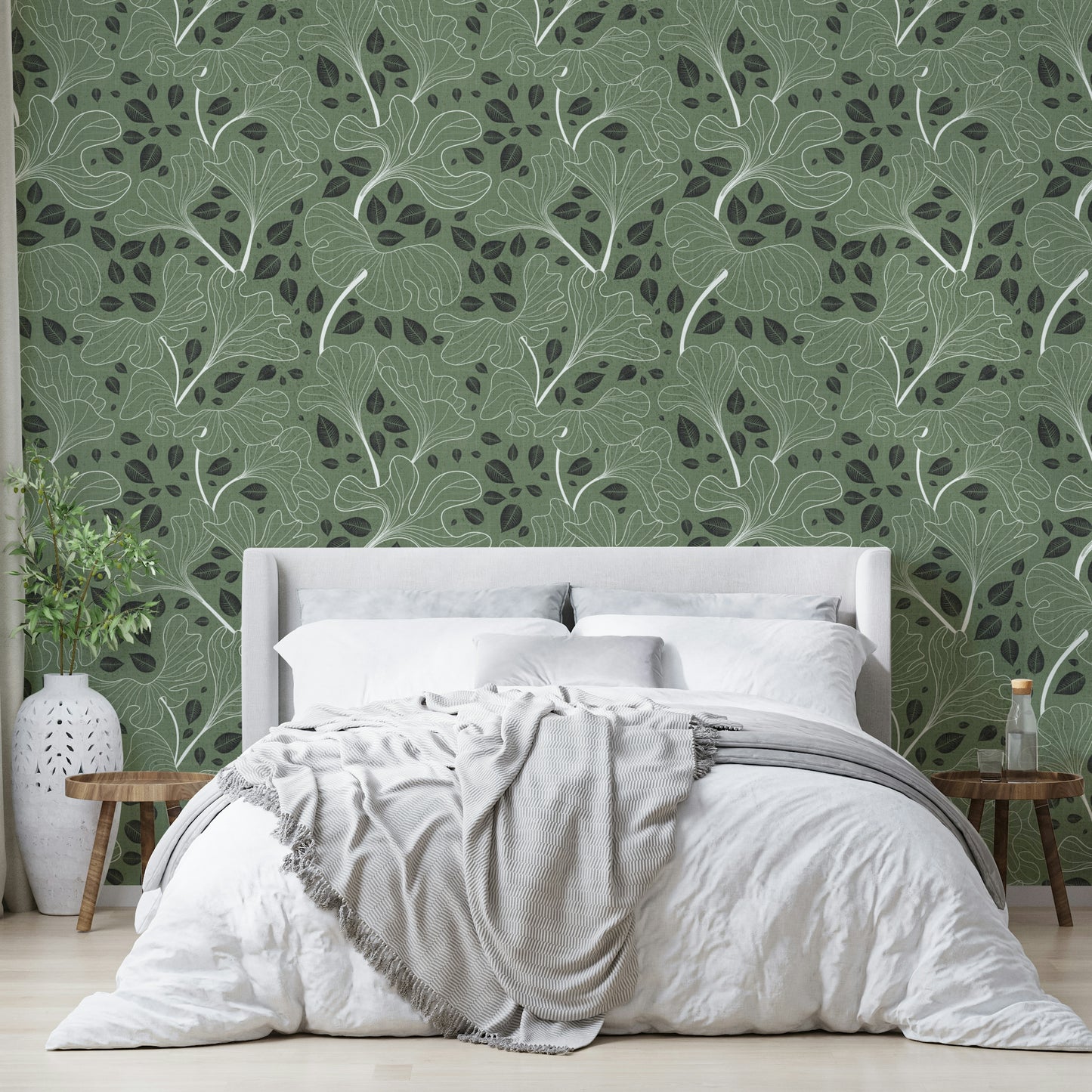 Wallpaper with a mix of green, white, and dark gray colors.

