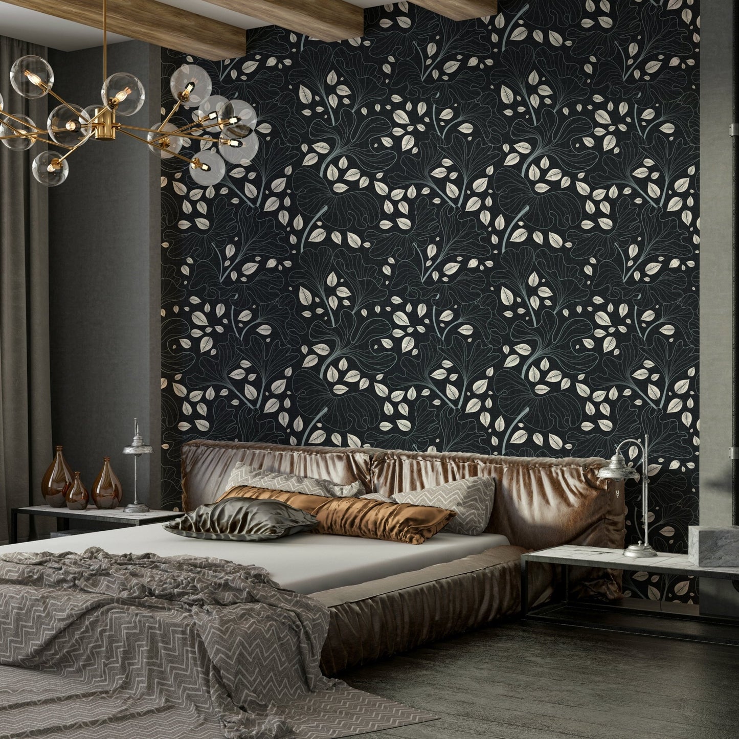 Design with a repeating pattern of large and small leaves.


