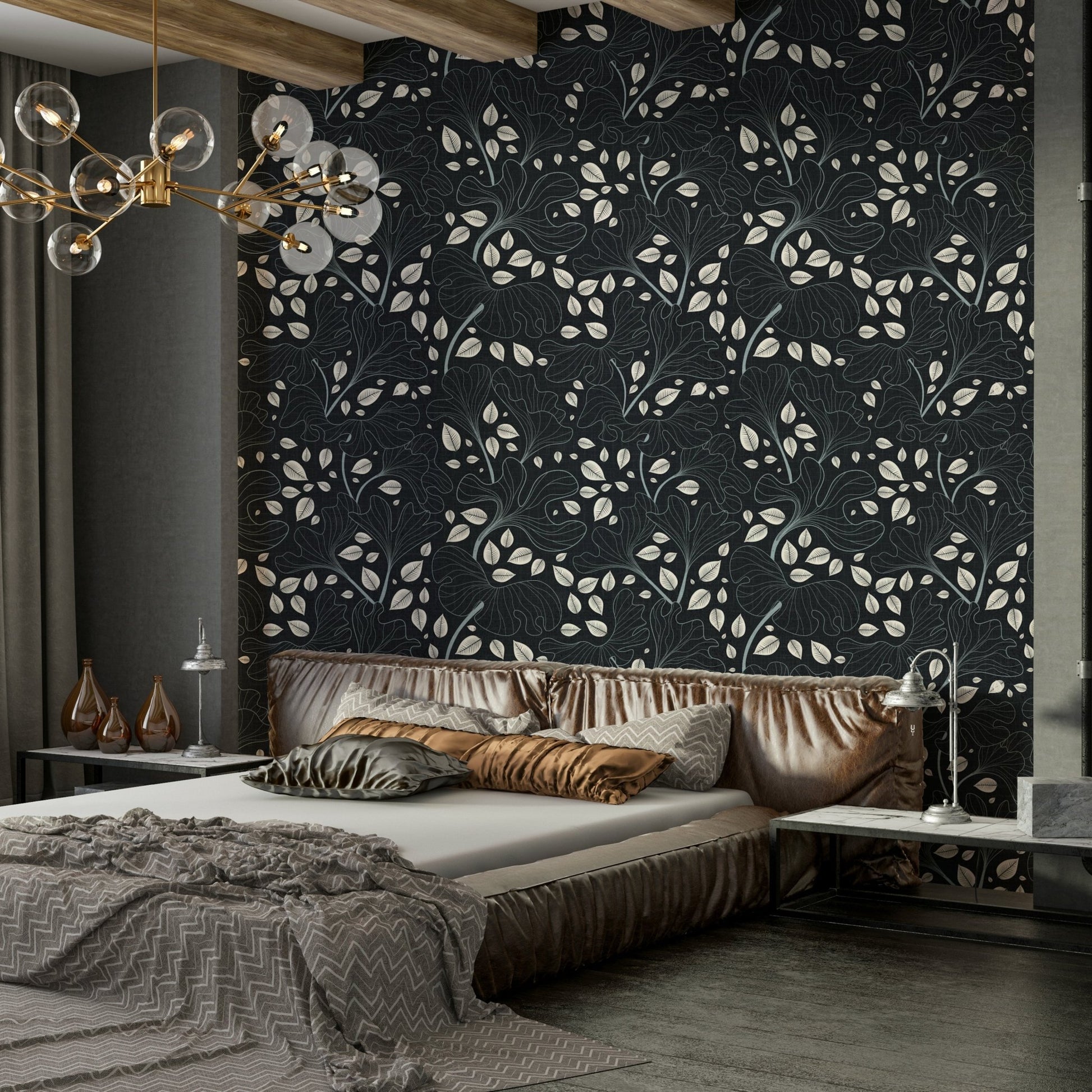 Design with a repeating pattern of large and small leaves.


