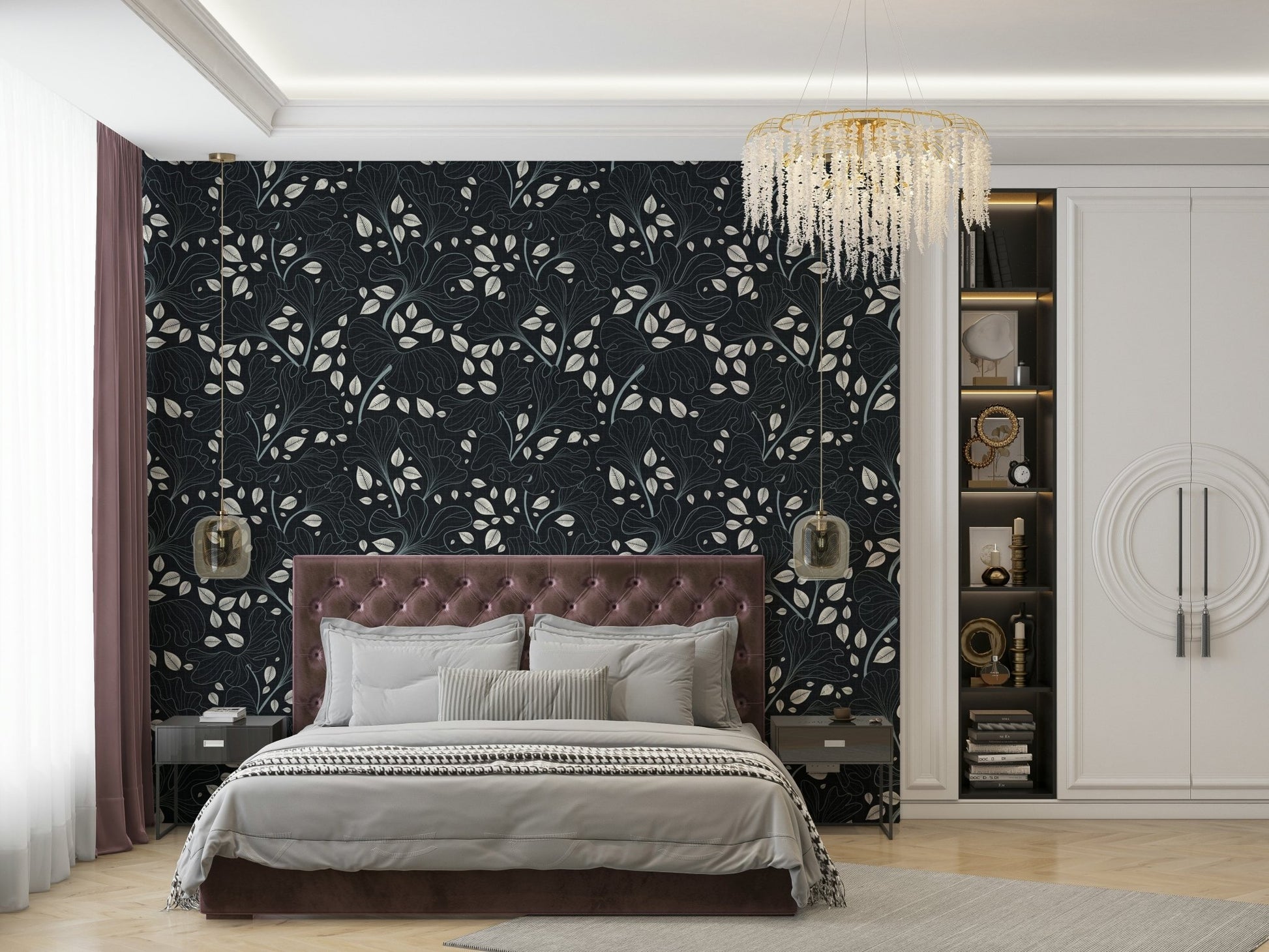 Ginkgo leaf wallpaper for a serene living room.

