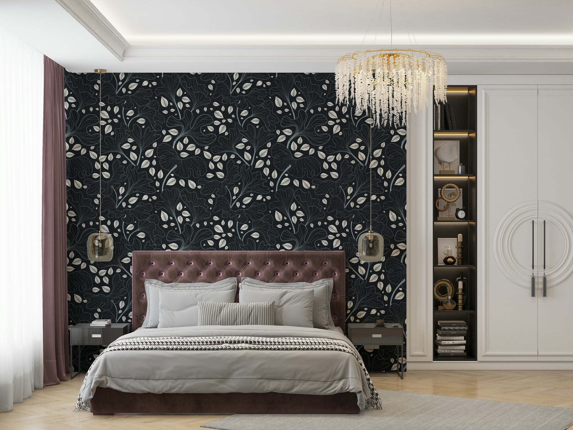 Ginkgo leaf wallpaper for a serene living room.

