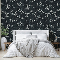 Design featuring leaves outlined in white on a navy blue background.

