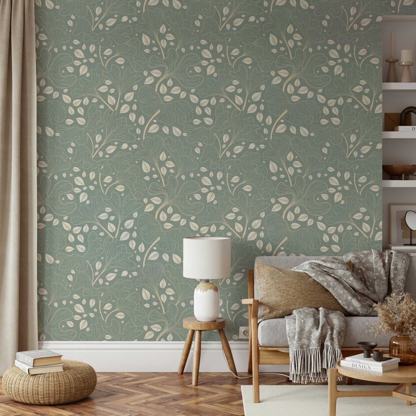 Design featuring leaves with a subtle outline and soft blue details on a pearlescent background. GD3282

