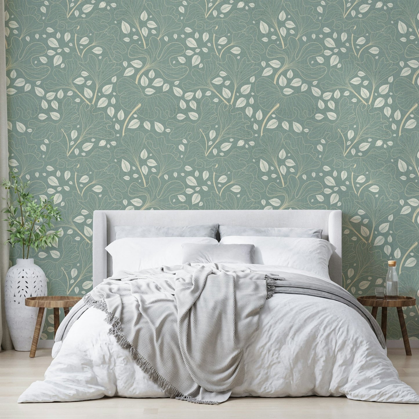 Timeless Ginkgo Garden Pearl and Blue Wallpaper. GD3282

