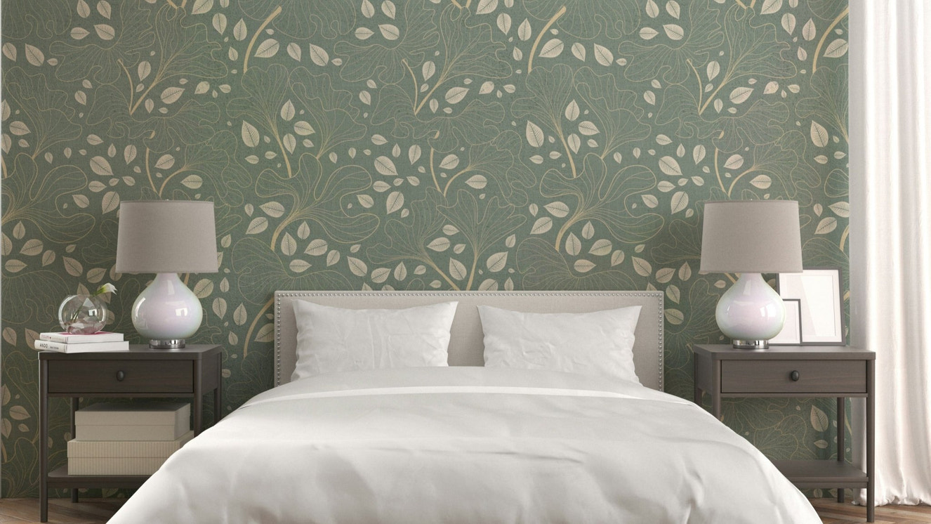 Ginkgo leaf wallpaper for a serene living room.

