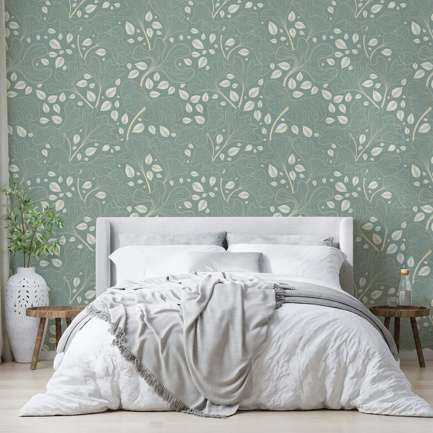 Timeless Ginkgo Garden Pearl and Blue Wallpaper.

