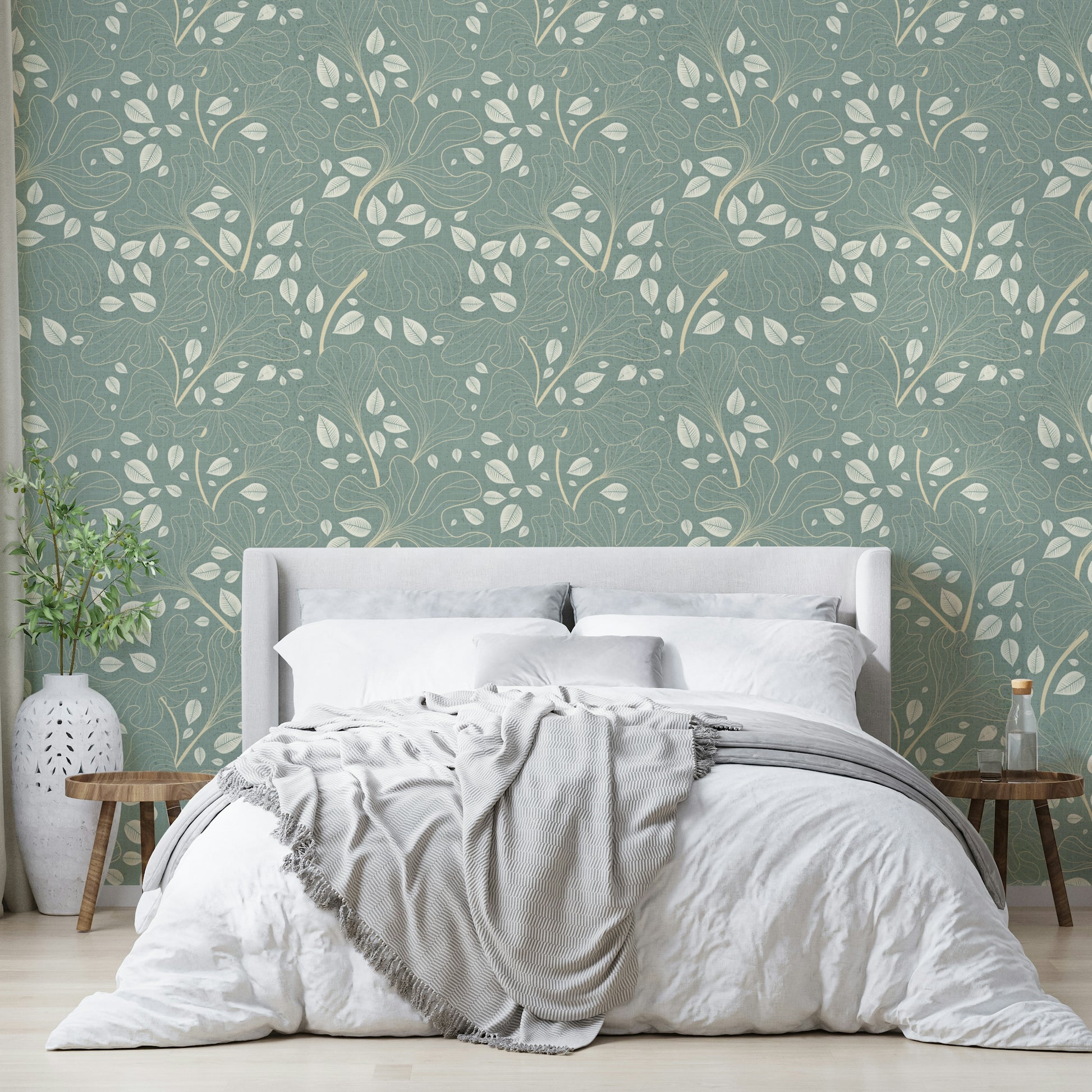 Timeless Ginkgo Garden Pearl and Blue Wallpaper.

