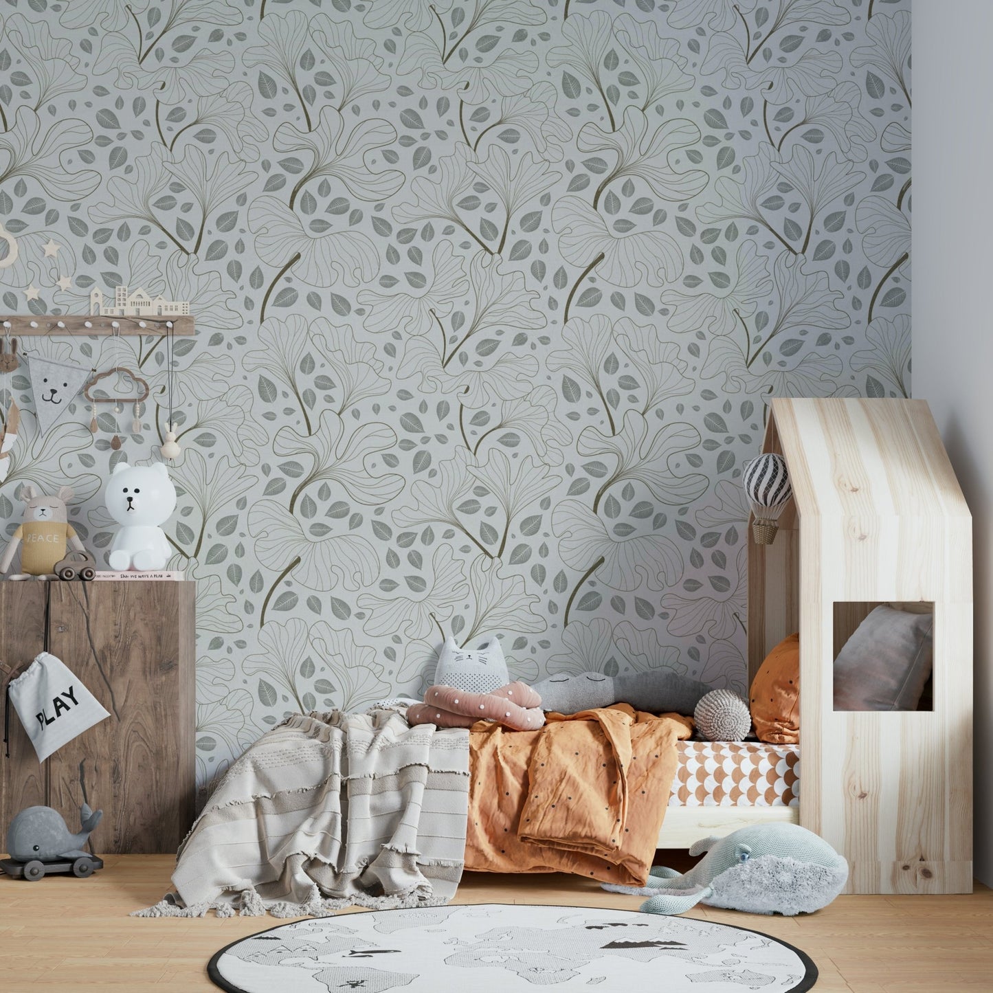 Full view of the wallpaper on a wall.

