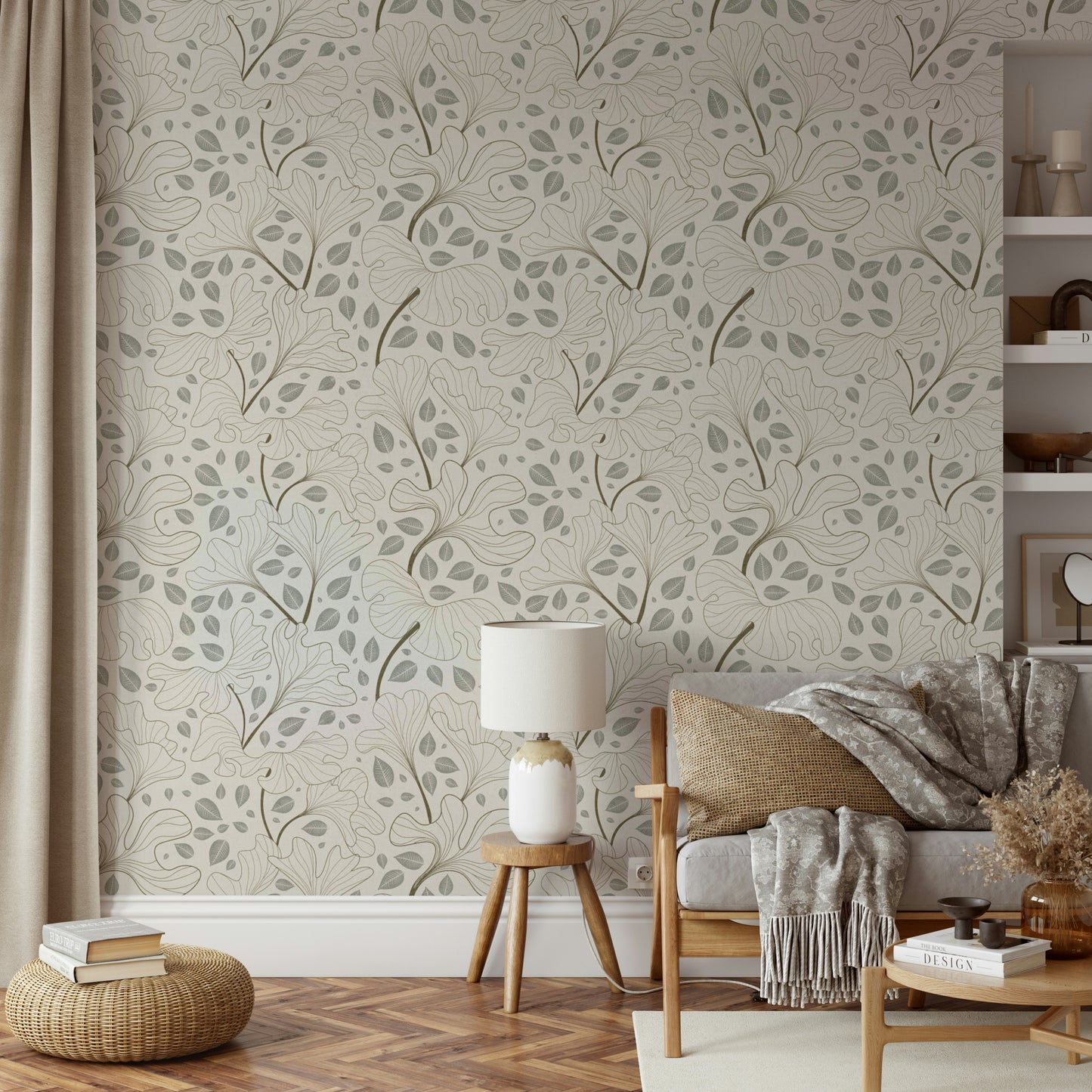 Ginkgo leaf wallpaper for a serene living room.

