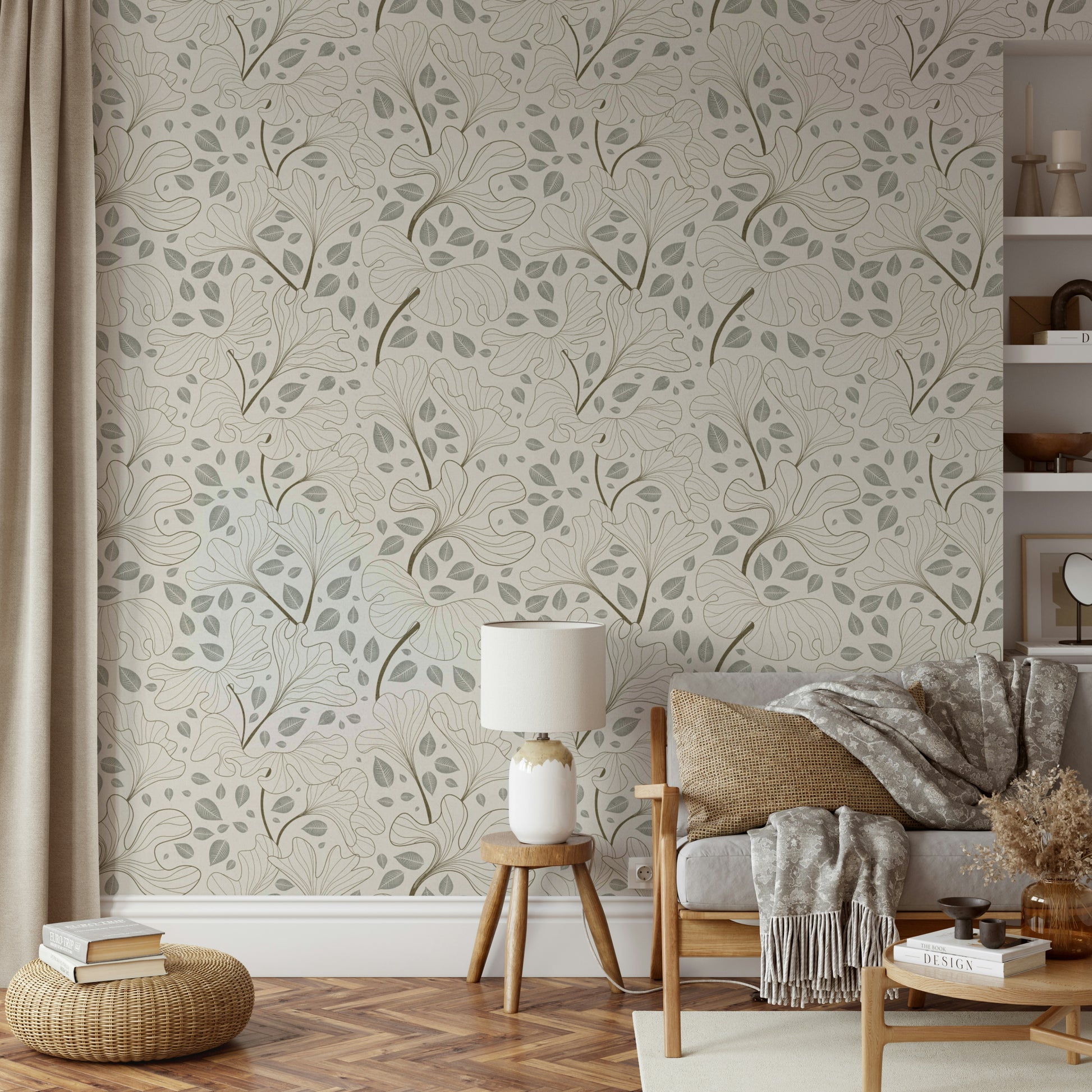 Ginkgo leaf wallpaper for a serene living room.

