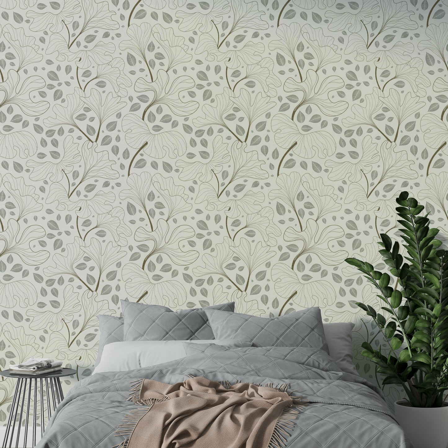 Design featuring leaves outlined in brown and filled in with light gray/blue.

