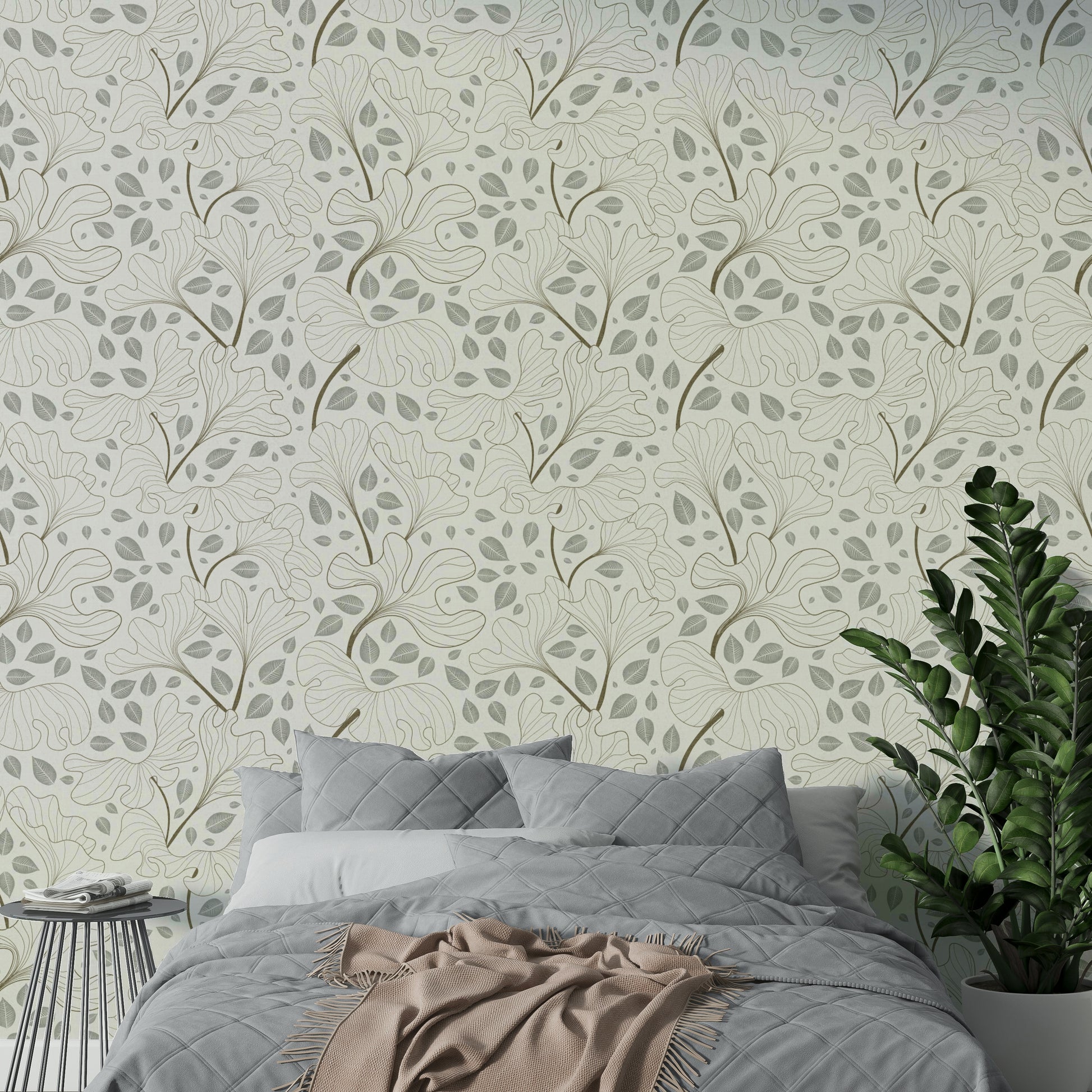 Design featuring leaves outlined in brown and filled in with light gray/blue.

