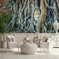 Timeless Harmony peel and stick wallpaper showing weathered brickwork.