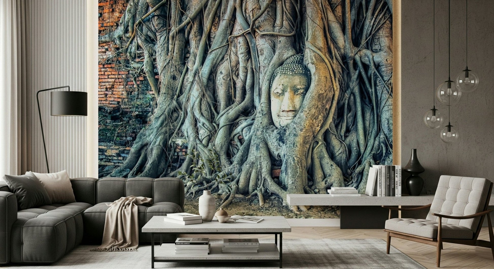 Timeless Harmony textured bark wrapping around calm facial features.