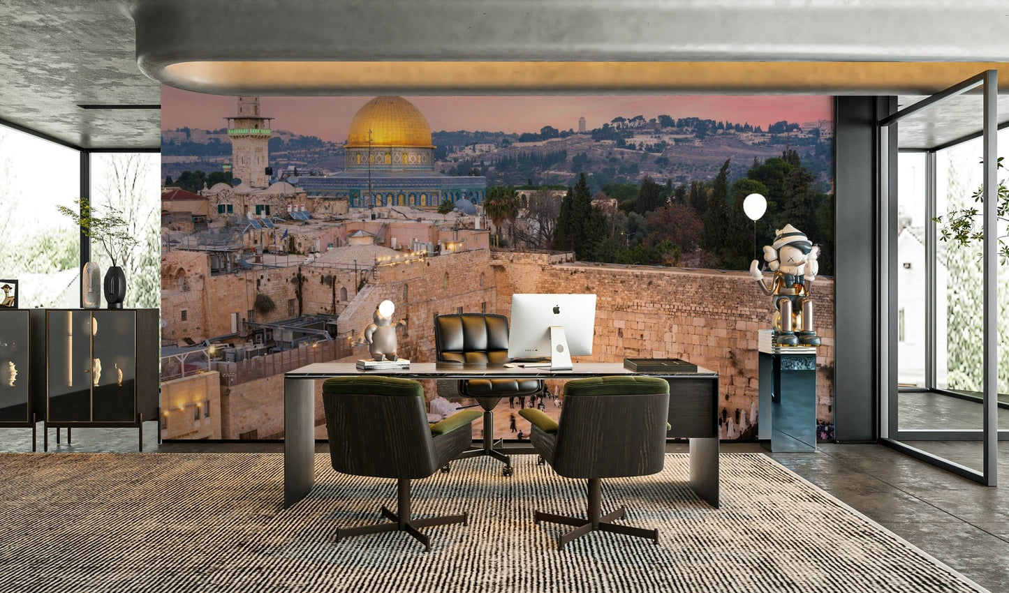 The wallpaper is used as a feature wall in a bedroom.

