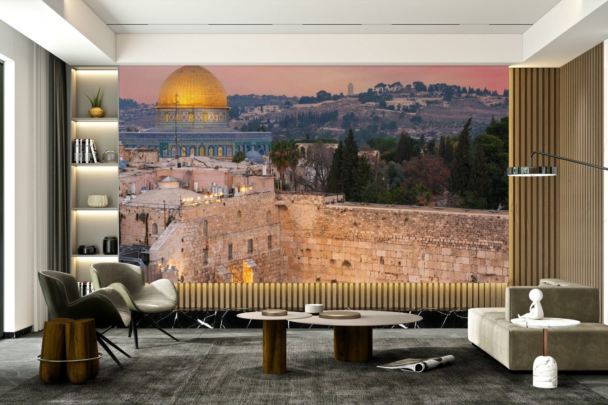 A living room featuring the holy city wall mural.

