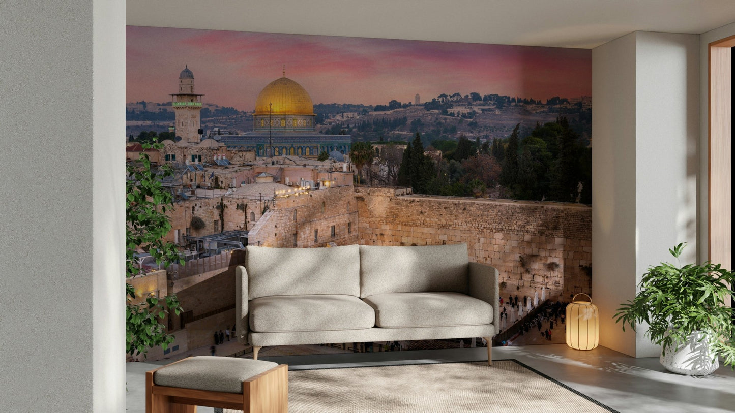 The peel and stick wallpaper showing realistic architectural textures.

