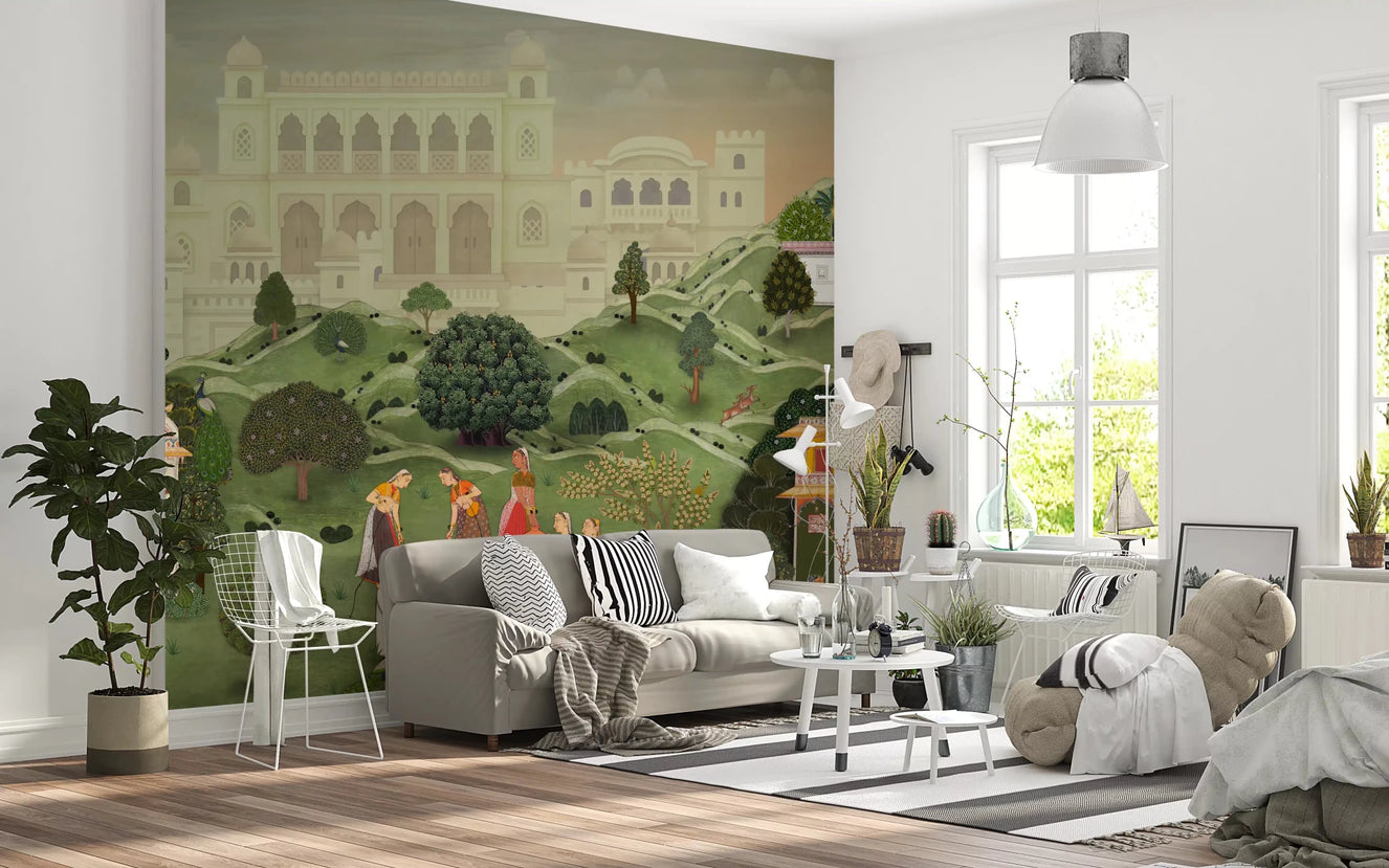 Hallway wall shows Indian palace wall mural with peacocks and gardens