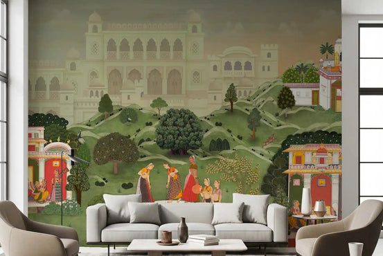 Living room has Timeless Indian Palace Garden Wall Mural with green hills, GD9011