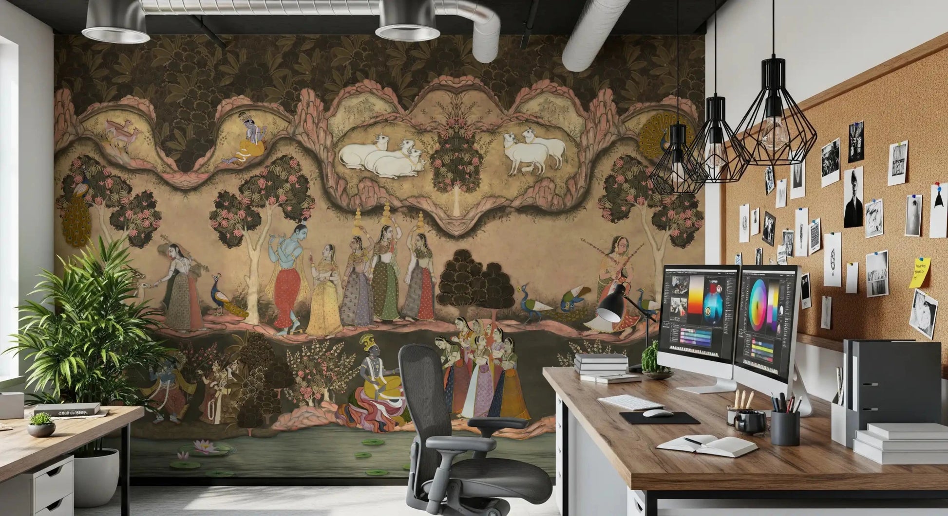 Artistic garden landscape shown in Indian wall mural with soft tones, GD8968