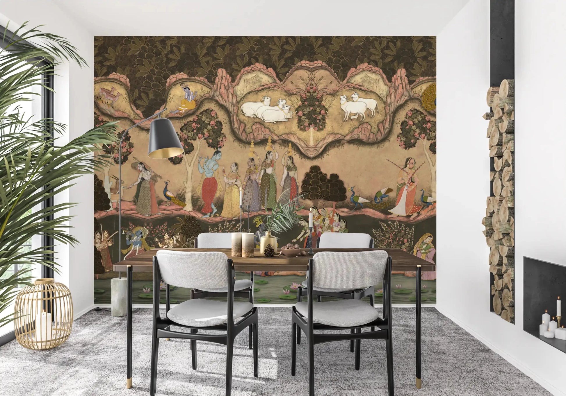 Timeless mural with layered hills, trees, and graceful cultural scenes, GD8968