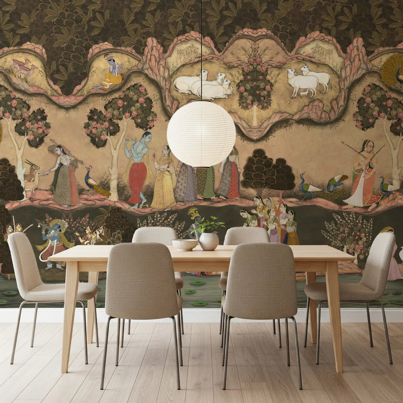 Dining area styled using Timeless wall mural with heritage landscape details
