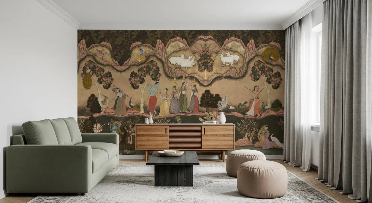 Musical figures beside lotus water define this Indian Serenade mural, GD8968