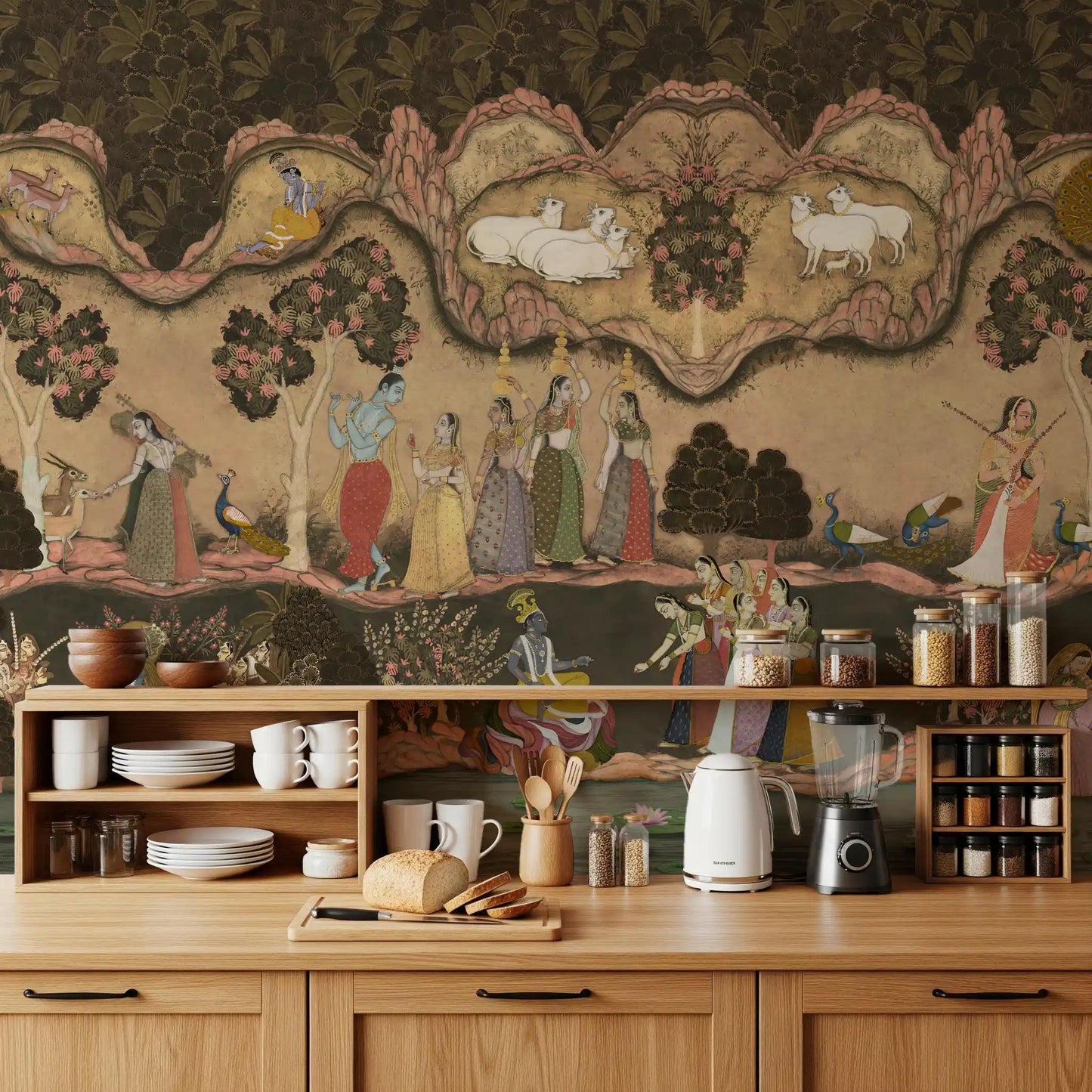 Kitchen area with Timeless Indian Serenade wall mural and peacock garden art, GD8968