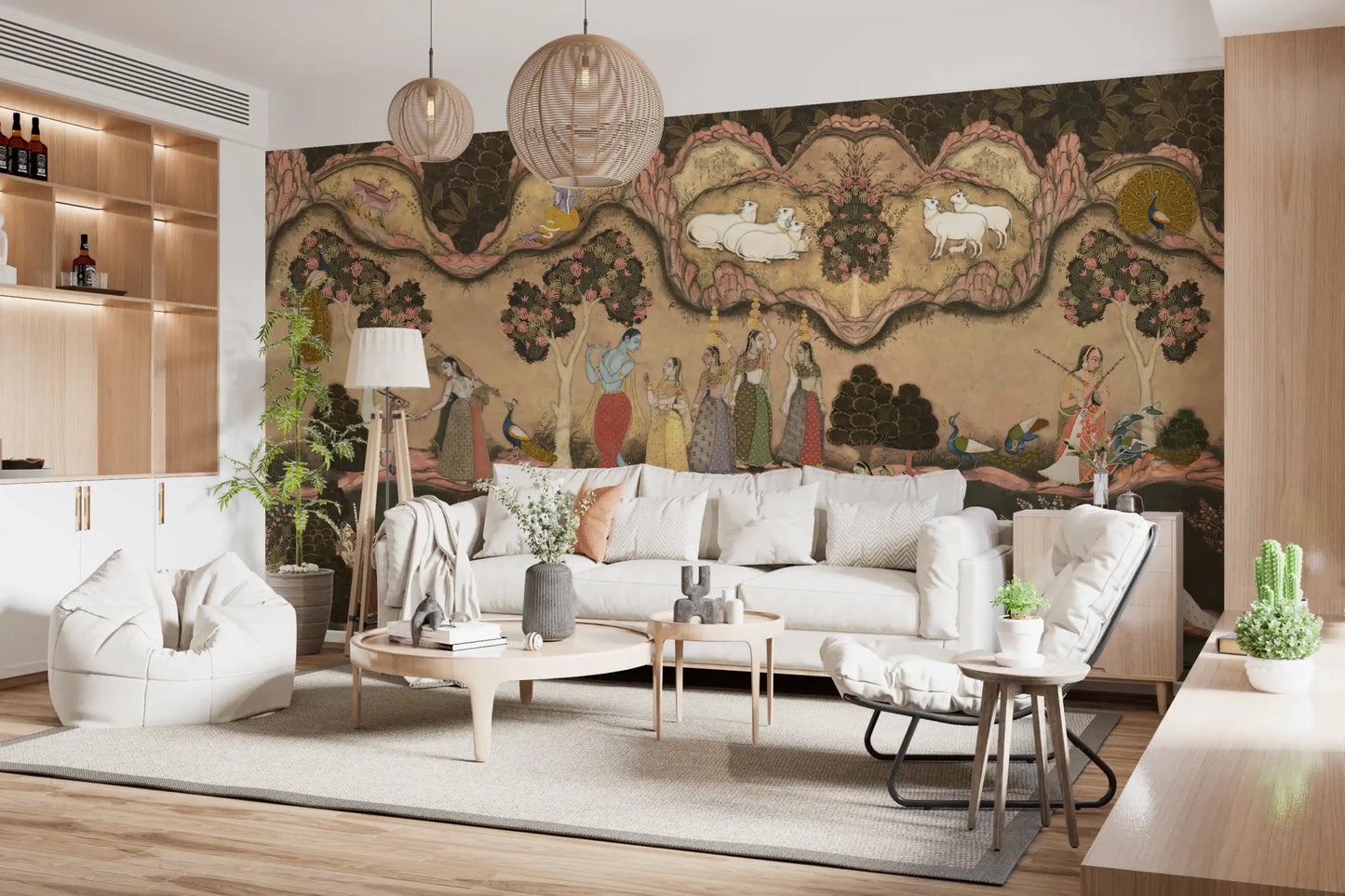 Living room scene featuring peacocks and trees in Indian wall mural art, GD8968