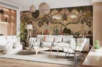 Living room scene featuring peacocks and trees in Indian wall mural art, GD8968