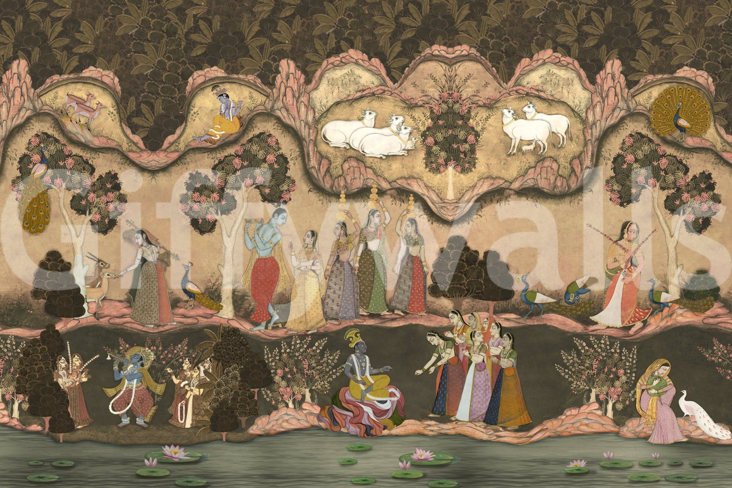 Decorative peacock scene and lotus water in Timeless Indian mural, GD8968